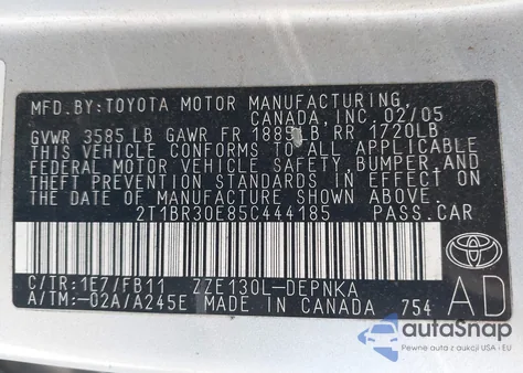 2005 Toyota Corolla Le z USA, uszkodzony, nr VIN 2T1BR30E85C444185